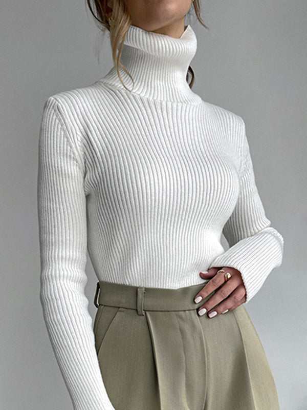 Pull à manches longues, coupe près du corps, à col haut, couleur unie