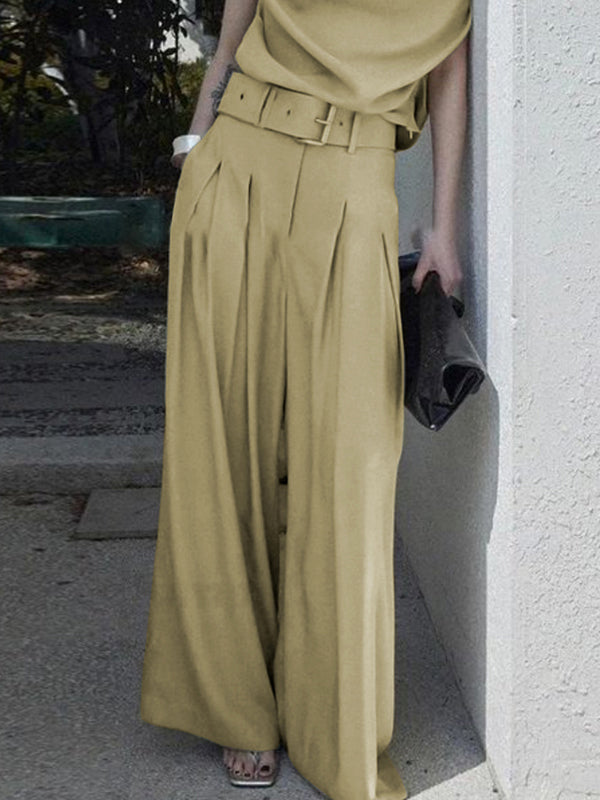 Pantalon ample plissé décontracté à jambes larges, avec ceinture, couleur unie