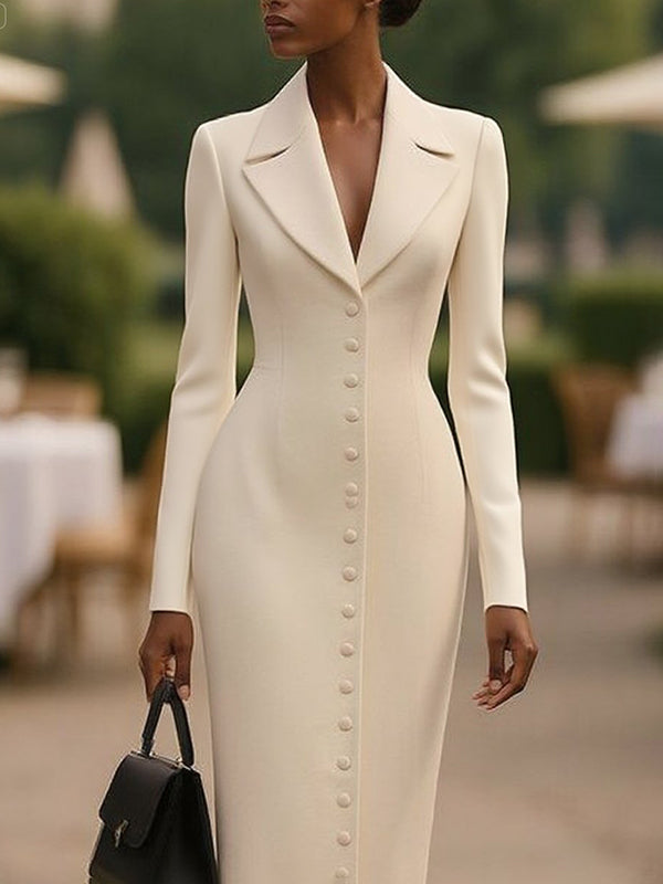Moulante Manches Longues Boutonnée Couleur Unie Col Cranté Robes mi-longues Vêtements D'extérieur