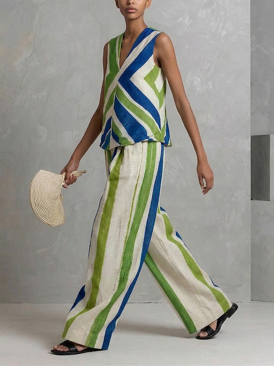 Débardeur ample sans manches à rayures de couleur contrastée à col en V