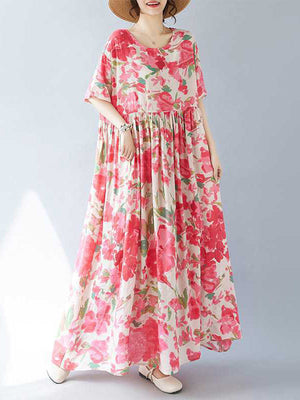 Robe mi-longue plissée coupe trapèze, à manches chauve-souris, à imprimé floral, à empiècements, à col rond
