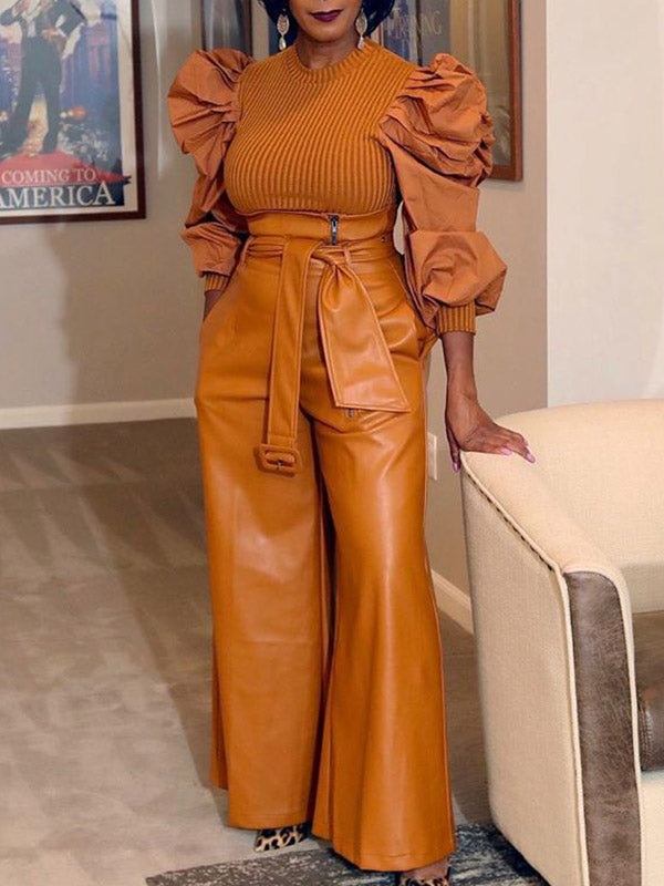 Pantalon taille haute, à jambes larges, avec ceinture, à fermeture éclair, couleur unie