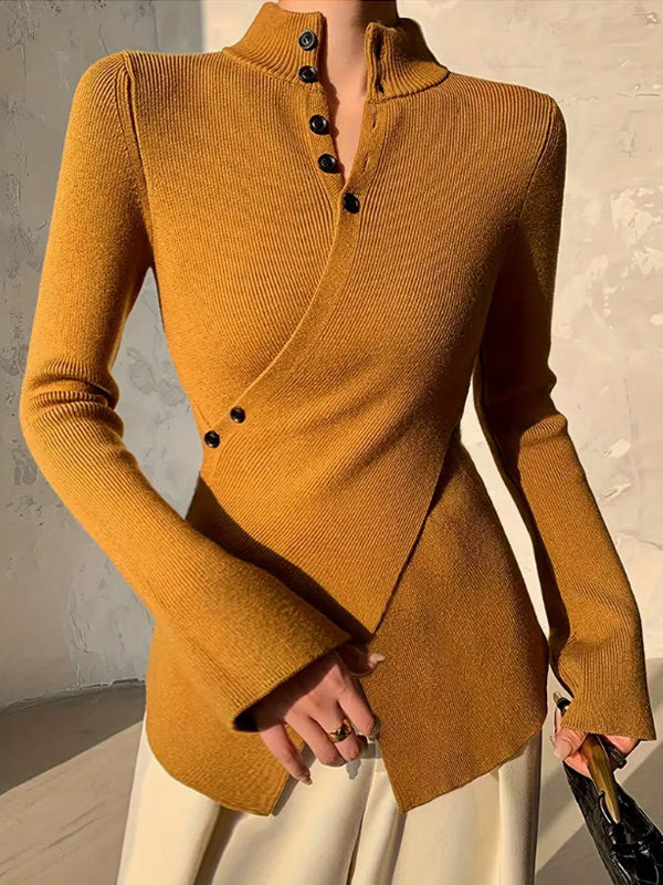 Pull asymétrique fendu devant à manches longues, à empiècements, à col en V