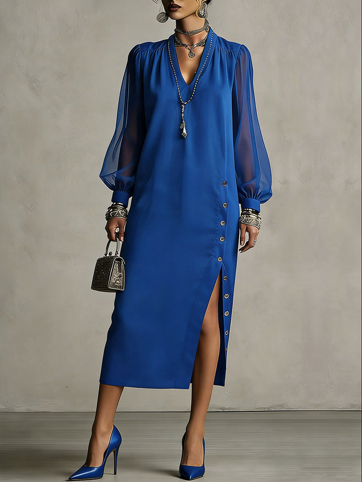 Robe mi-longue boutonnée plissée fendue sur le côté à manches longues, à manches bouffantes, à col en V, couleur unie