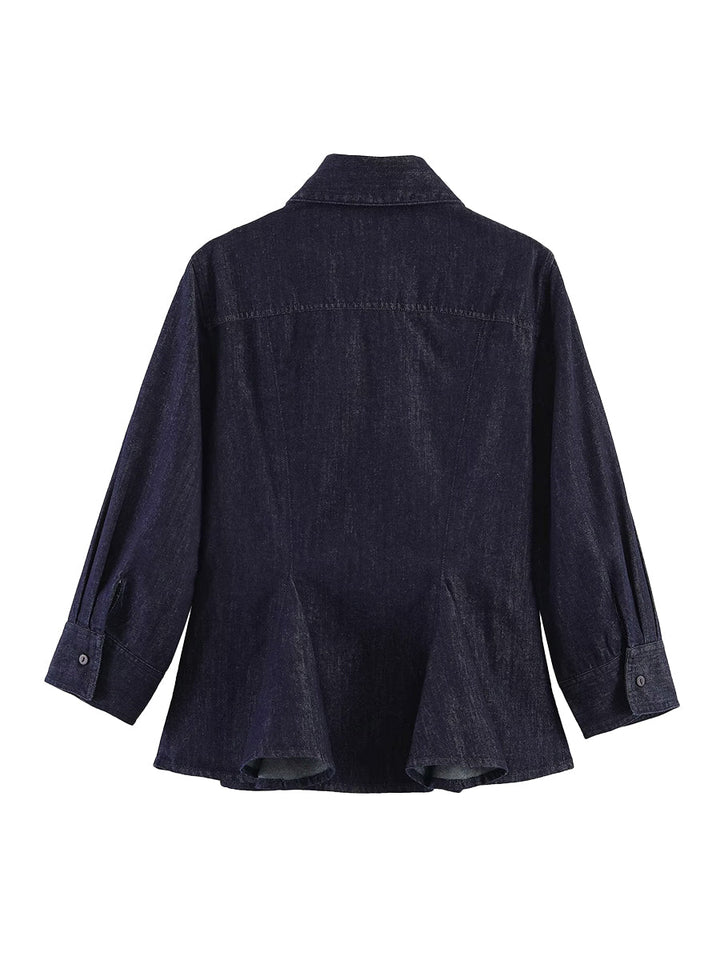 Chemisier plissé boutonné à manches longues, à col revers, couleur unie