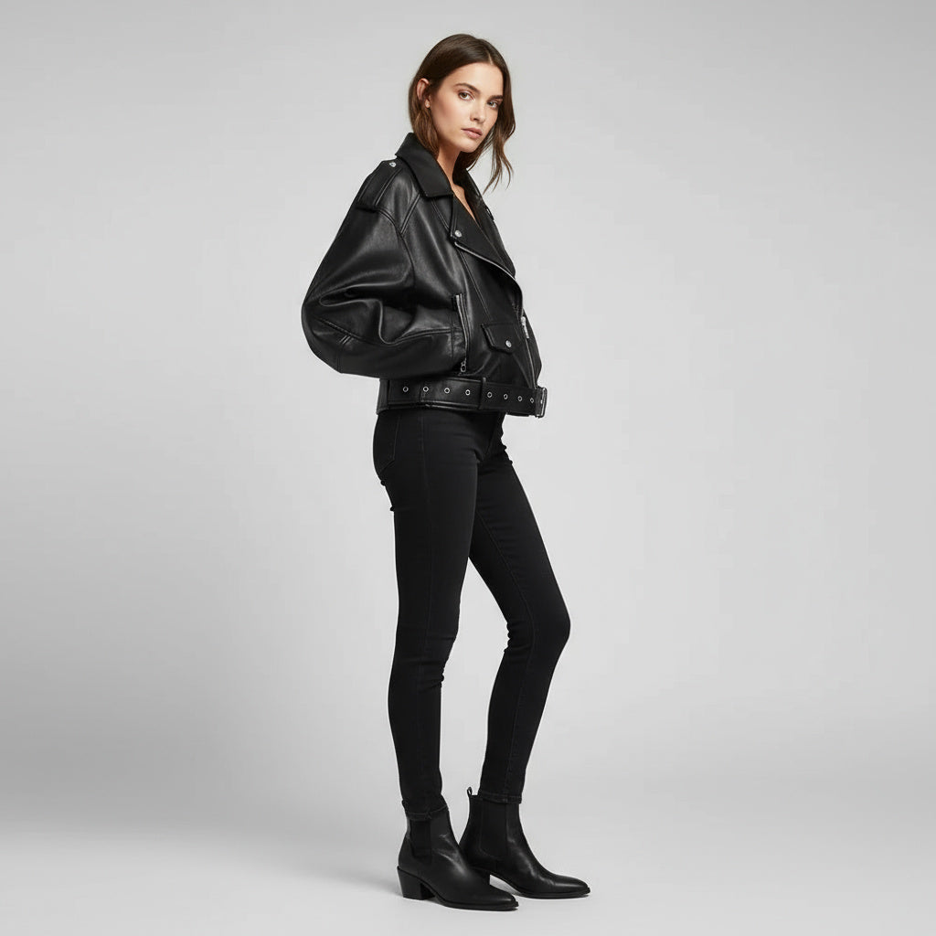 Zira | Veste en cuir pour femmes courte style biker avec ceinture