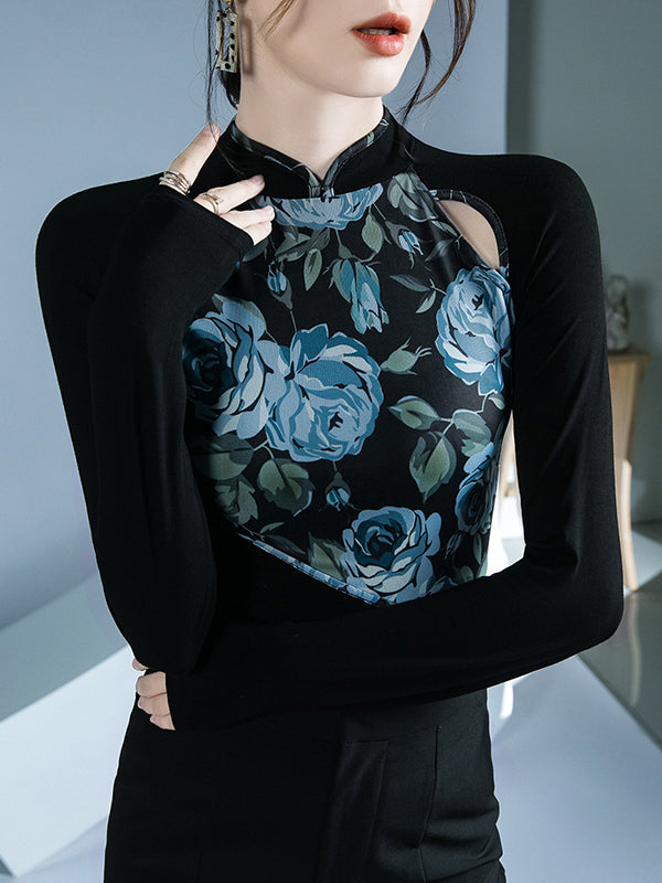 T-shirt boutonné ajouré à manches longues, coupe près du corps, à imprimé floral, à empiècements, à col rond