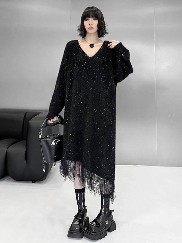 Robe pull brillante à coupe irrégulière, à manches longues, à sequins, à empiècements, à pompons, à col en V, couleur contrastée