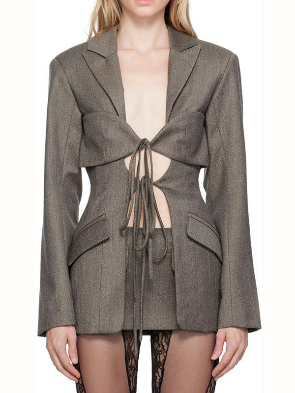 Blazer ample noué à manches longues, à poches, à col cranté, couleur unie
