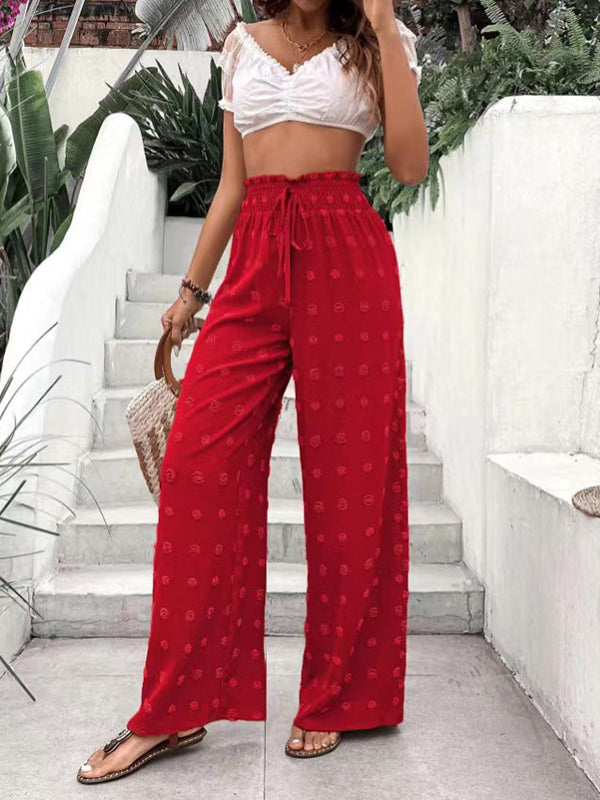 Pantalon ample taille haute, à cordon de serrage, à taille élastique, en jacquard, couleur unie
