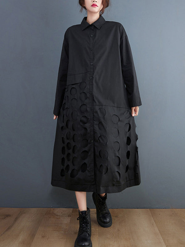 Robe mi-longue asymétrique ajourée coupe trapèze, à manches longues, à pois, à col revers, couleur unie