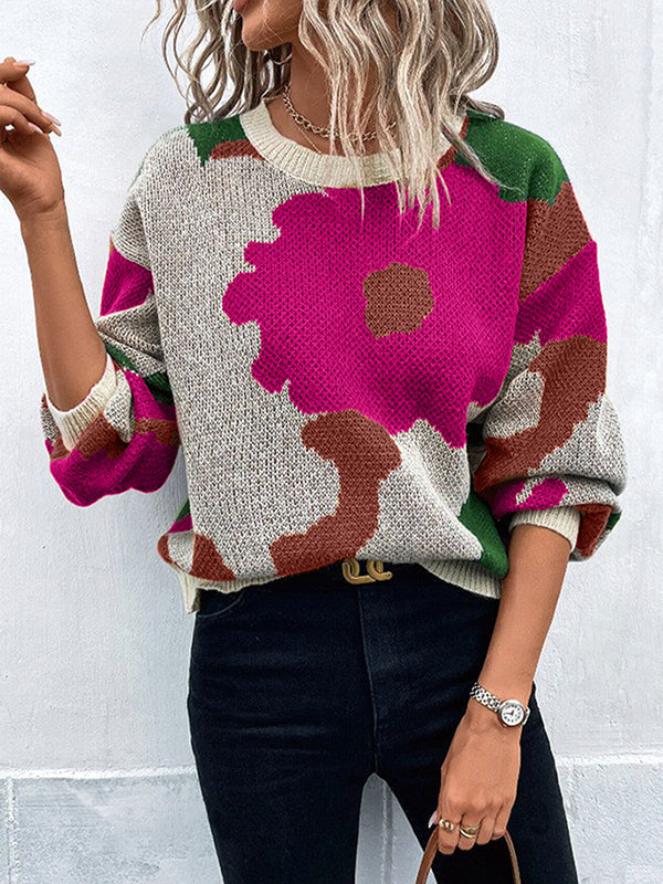 Pull ample asymétrique à manches bouffantes, à fleurs en tricot, à empiècements, à col rond