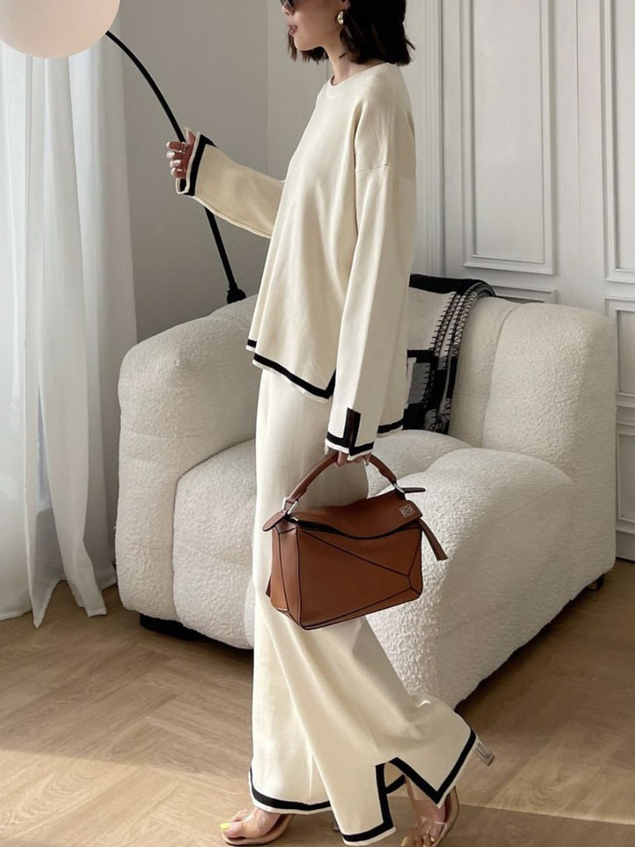 Ensemble deux pièces : haut fendu sur le côté à ourlet plongeant, à manches longues, à col rond, couleur contrastée + pantalon fendu sur le côté à jambes larges