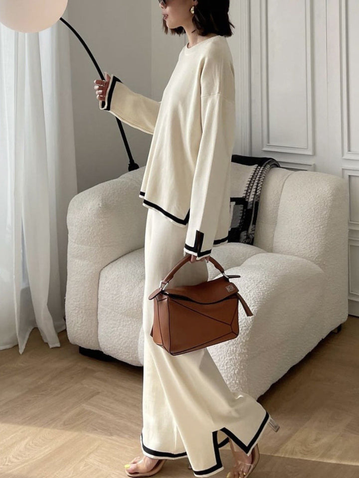 Ensemble deux pièces : haut fendu sur le côté à ourlet plongeant, à manches longues, à col rond, couleur contrastée + pantalon fendu sur le côté à jambes larges