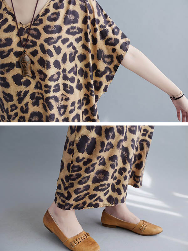 Robe longue ample à imprimé léopard, à col en V, à manches chauve-souris