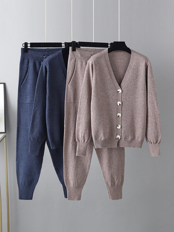 Ensemble deux pièces décontracté ample à col en V, couleur unie – cardigan + sarouel