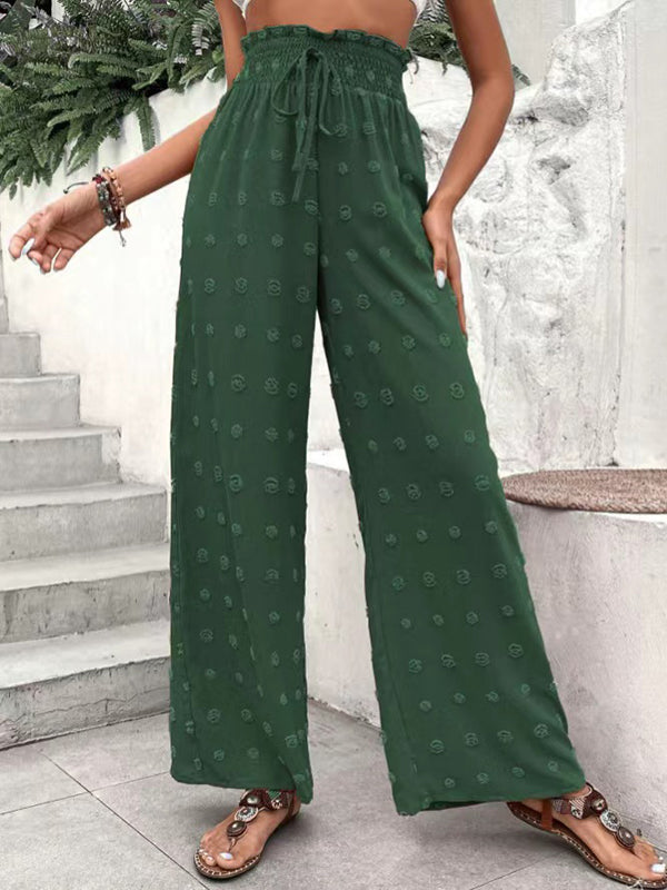 Pantalon ample taille haute, à cordon de serrage, à taille élastique, en jacquard, couleur unie
