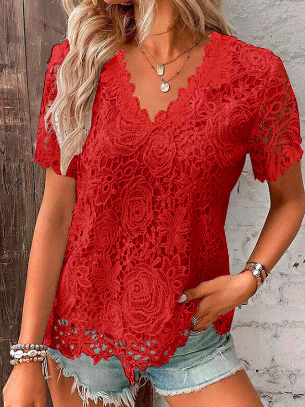 T-shirt ample brodé ajouré grande taille, à empiècements, à col en V, couleur unie