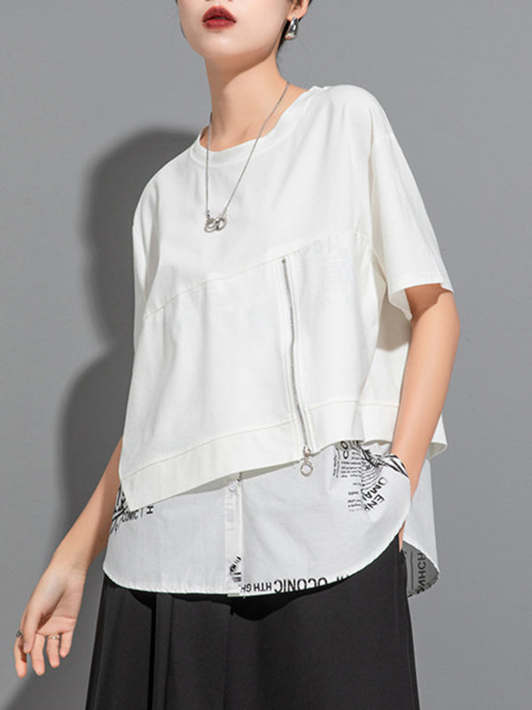Faux deux t-shirts amples à col rond à empiècements et impression