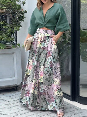 Ensemble chemise et pantalon large à imprimé floral, nœud et poches