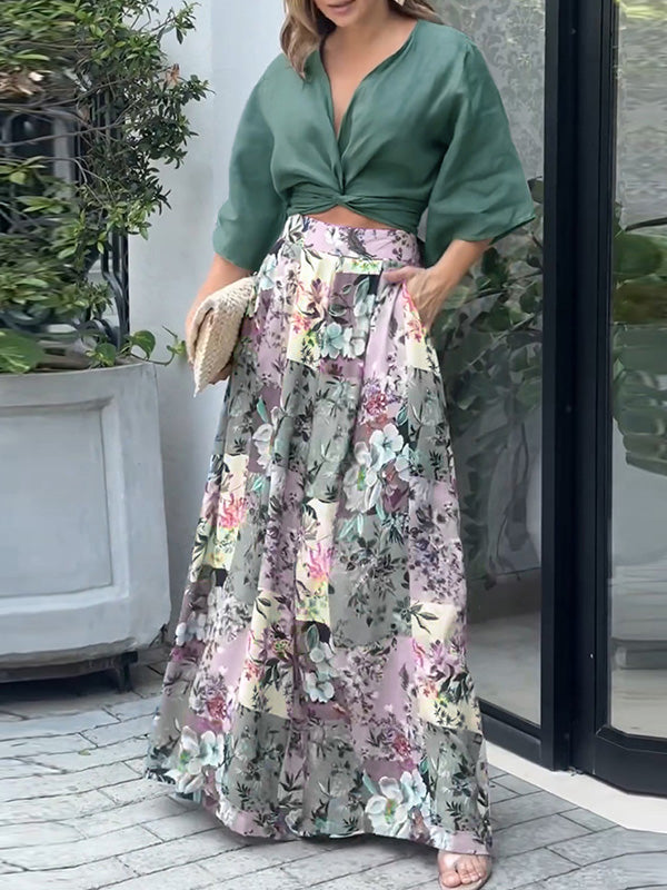 Ensemble chemise et pantalon large à imprimé floral, nœud et poches