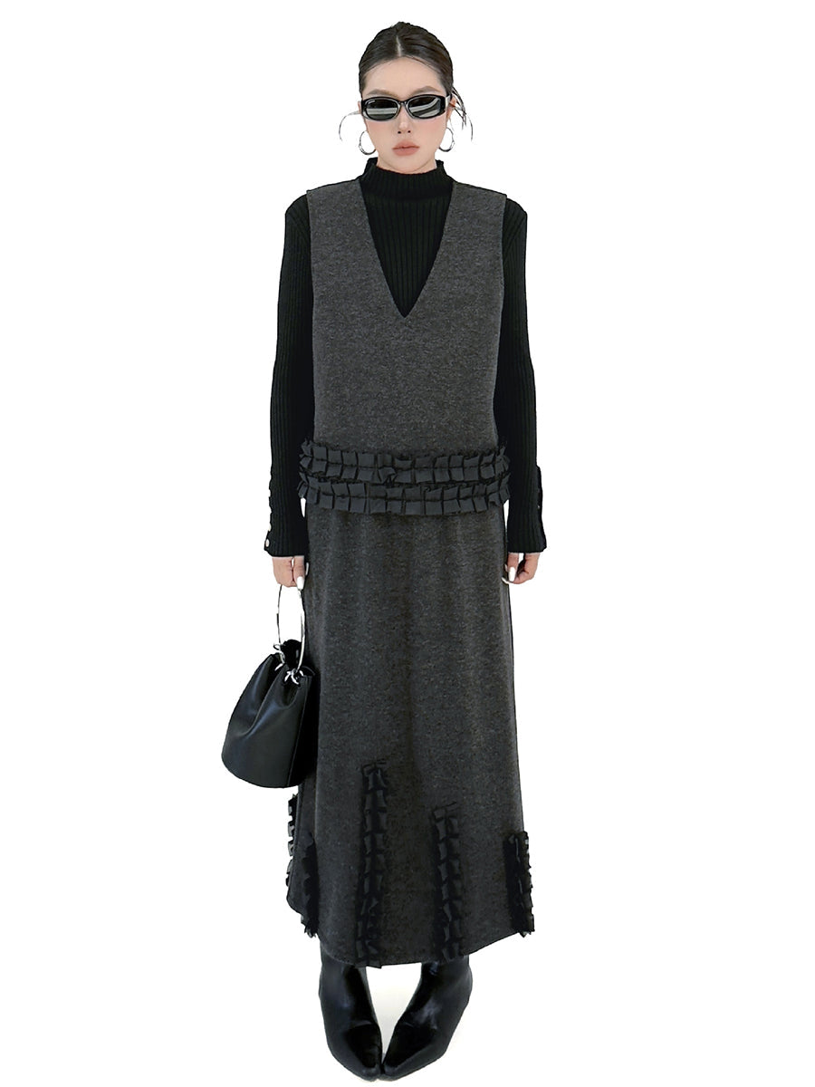 Ensemble deux pièces volanté plissé à empiècements, à col en V, à taille élastique, taille haute, couleur contrastée – débardeur + jupe