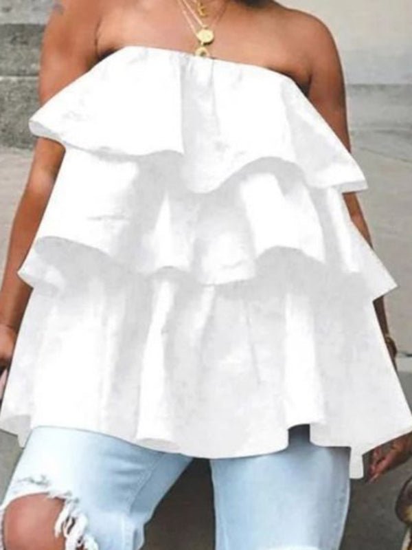 Débardeur ample superposé volanté coupe trapèze, à taille élastique, bustier, couleur unie