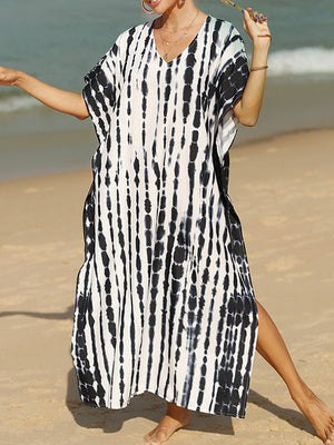 Robe longue ample imprimée fendue sur le côté à manches courtes, anti-UV, à col en V