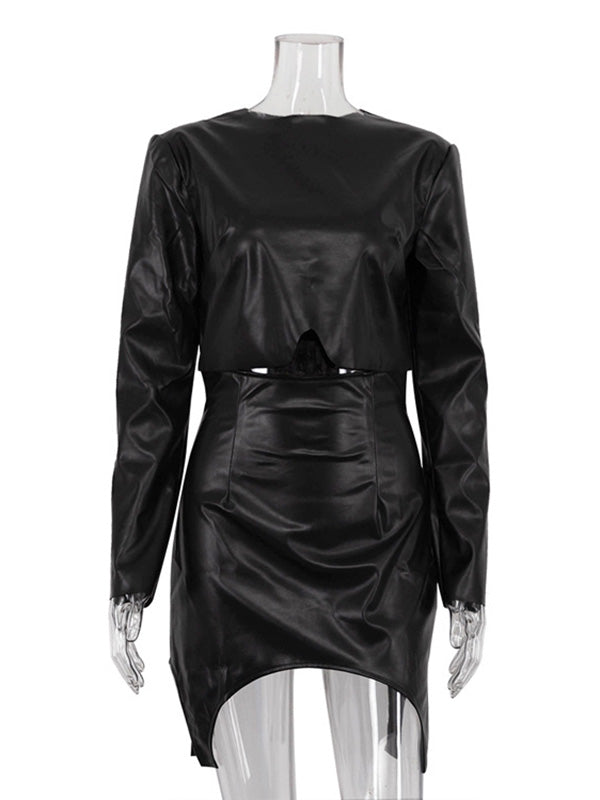 Ensemble deux pièces moulant à empiècements, à col rond, à fermeture éclair, taille haute, couleur unie – t-shirt + jupe + bas