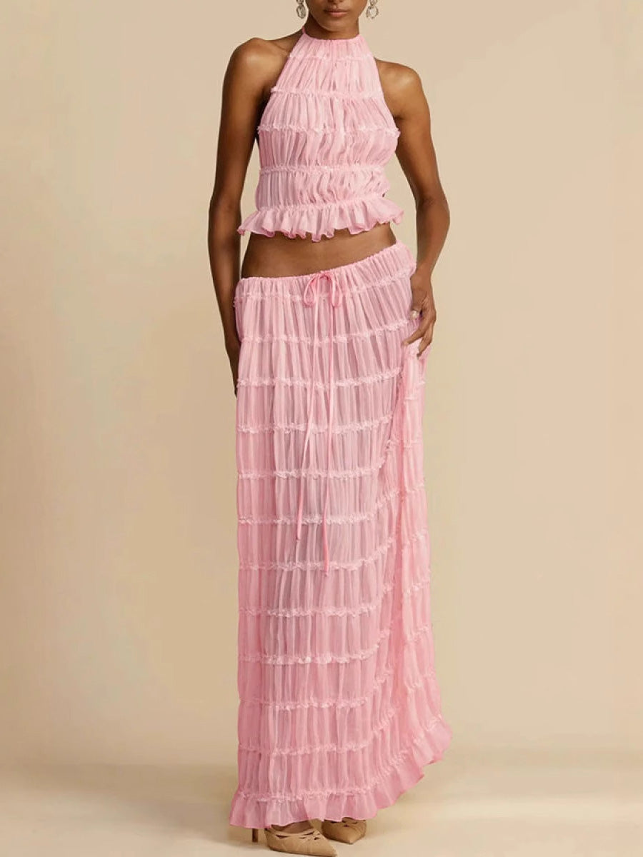 Ensemble deux pièces plissé texturé court volanté à col licou, dos nu, à taille nouée, taille haute, couleur unie – débardeur + jupe