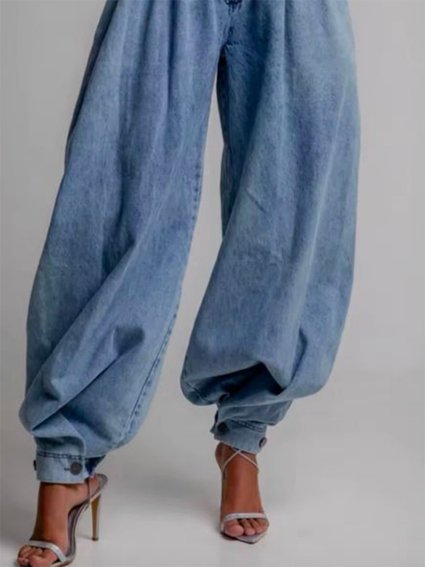 Pantalon en Jean ample boutonné de couleur unie avec fermeture éclair, bas Knickerbockers