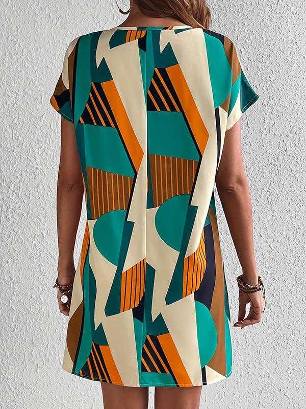 Robe courte ample imprimée coupe trapèze, à fermeture éclair, à col en V, couleur contrastée