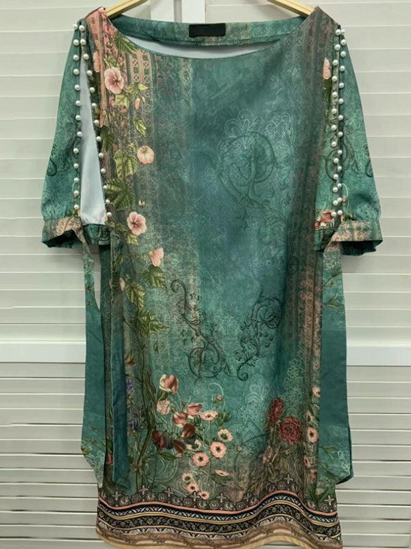 Robe courte ample ajourée imprimée à manches courtes, à empiècements, à col rond