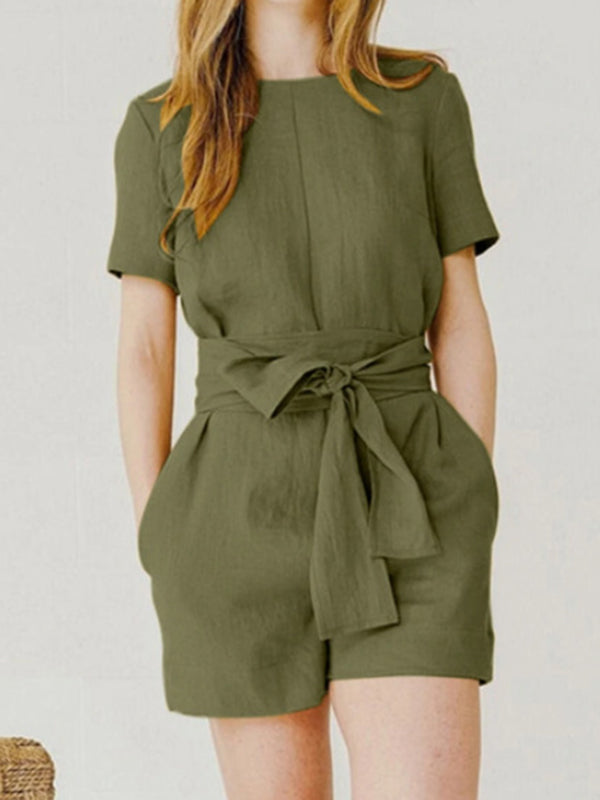 Combishort ample grande taille, à empiècements, à taille nouée, à col rond, couleur unie