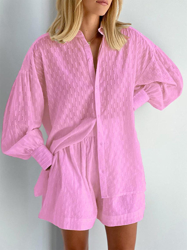 Ensemble deux pièces boutonné à ourlet plongeant, à manches longues, en jacquard, à col revers, couleur unie – chemise + haut + short