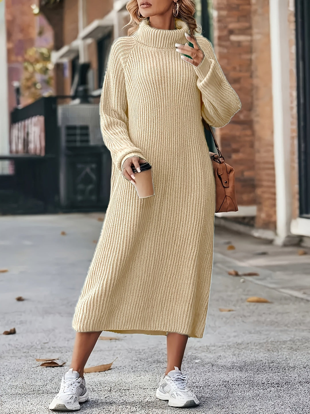 Robe en tricot pour femmes à col roulé | Manches longues et longueur midi