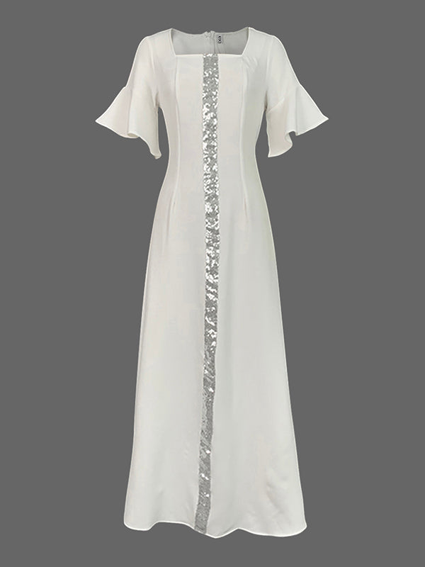 Robe longue brillante coupe trapèze, à manches évasées, à empiècements, à col carré, couleur unie