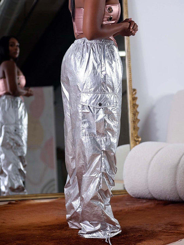 Pantalon ample taille haute, à cordon de serrage, à taille élastique, à poches, à empiècements