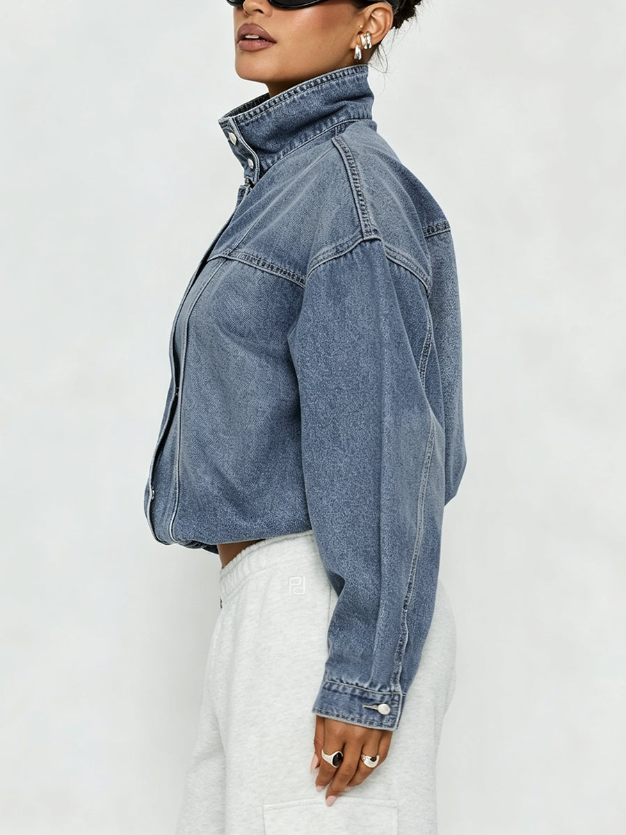 Veste boutonnée ample à fermeture éclair, à taille élastique, à manches longues, à col montant