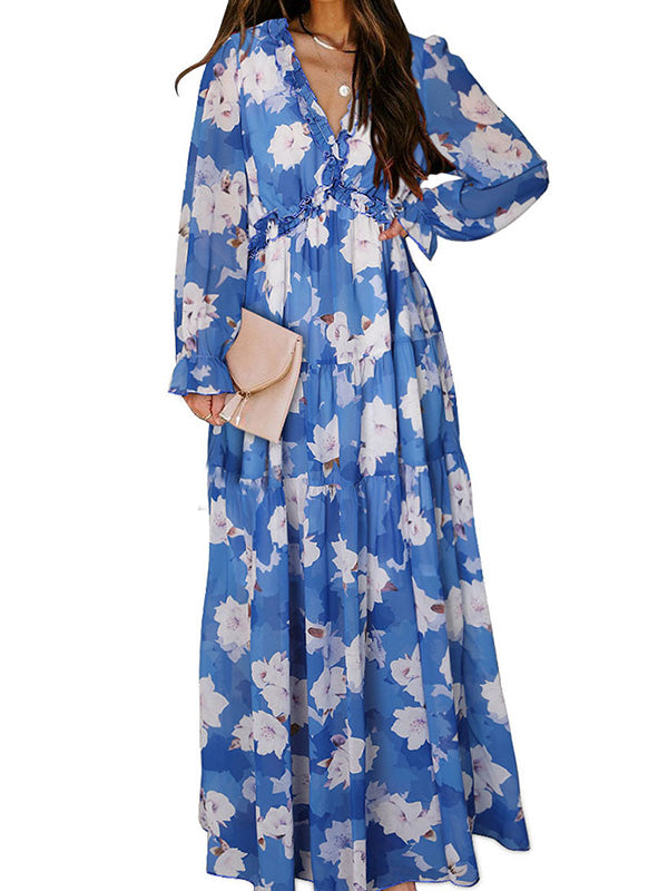 Robe longue plissée volantée taille haute, à manches longues, à imprimé floral, à col en V