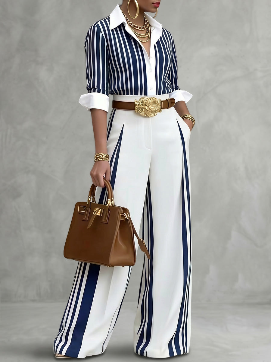 Pantalon taille haute, à jambes larges, sans ceinture, couleur contrastée