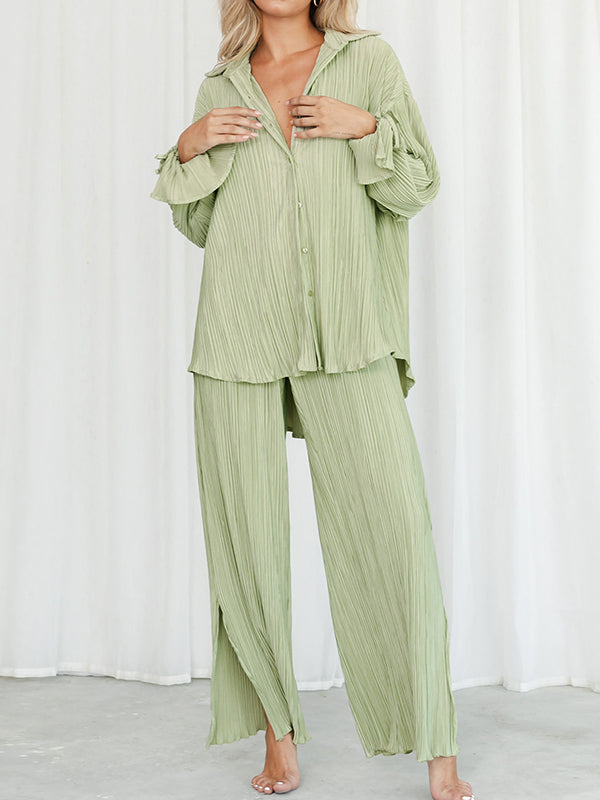 Ensemble pyjama à manches longues, manches évasées, boutonné, cordon de serrage plissé, couleur unie, chemises à revers fendues sur le côté, haut + pantalon, bas