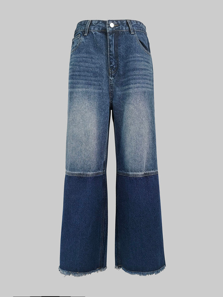Jean taille haute, à jambes larges, à franges, à empiècements, couleur contrastée