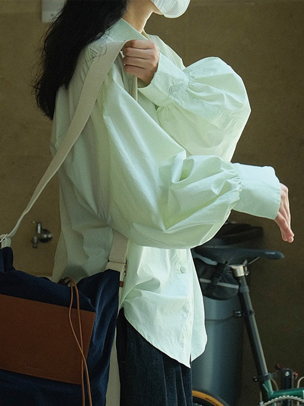 Chemisier décontracté ample à manches bouffantes, à col revers, couleur unie