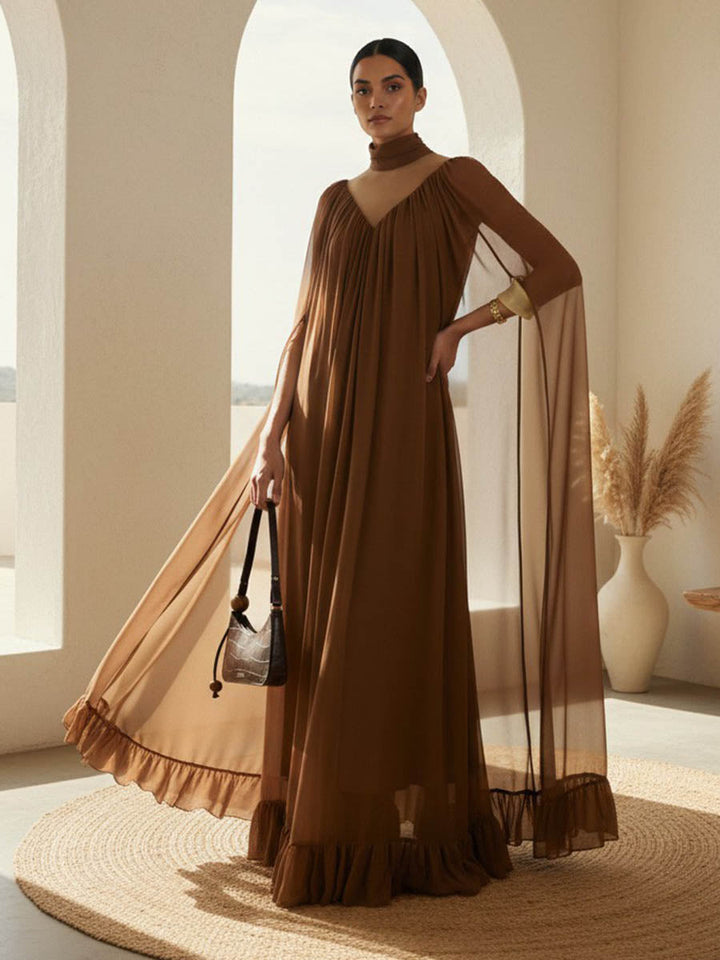 Robe longue superposée plissée volantée transparente style cape, à coupe irrégulière, à empiècements, à col haut, couleur unie