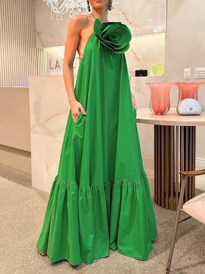 Robe longue plissée ample à fleurs en 3D, à poches, dos nu, sans manches, à col licou, couleur unie