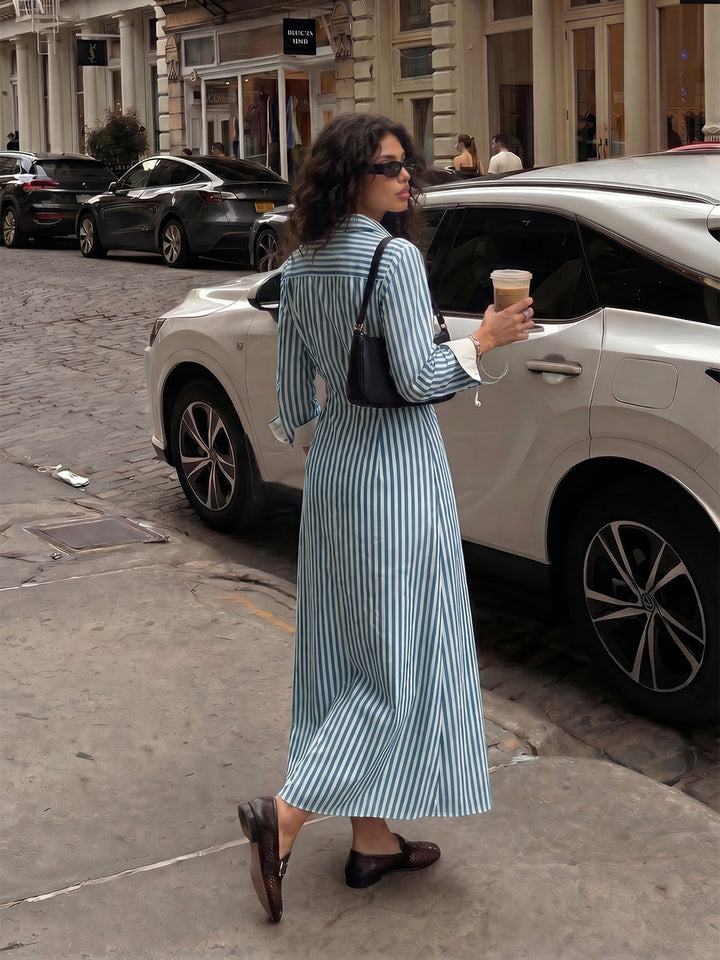 Robe mi-longue rayée boutonnée à empiècements, à poches, à manches longues, taille haute, à col revers, couleur contrastée