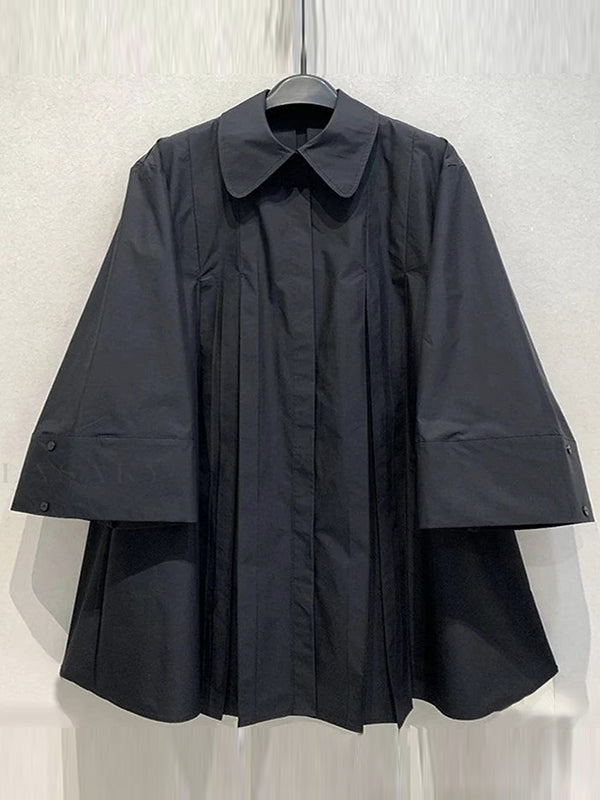 Robe chemise boutonnée plissée à manches longues, à col revers, couleur unie