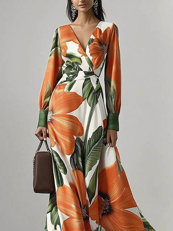 Robe longue ample plissée à manches longues, à imprimé floral, à col en V
