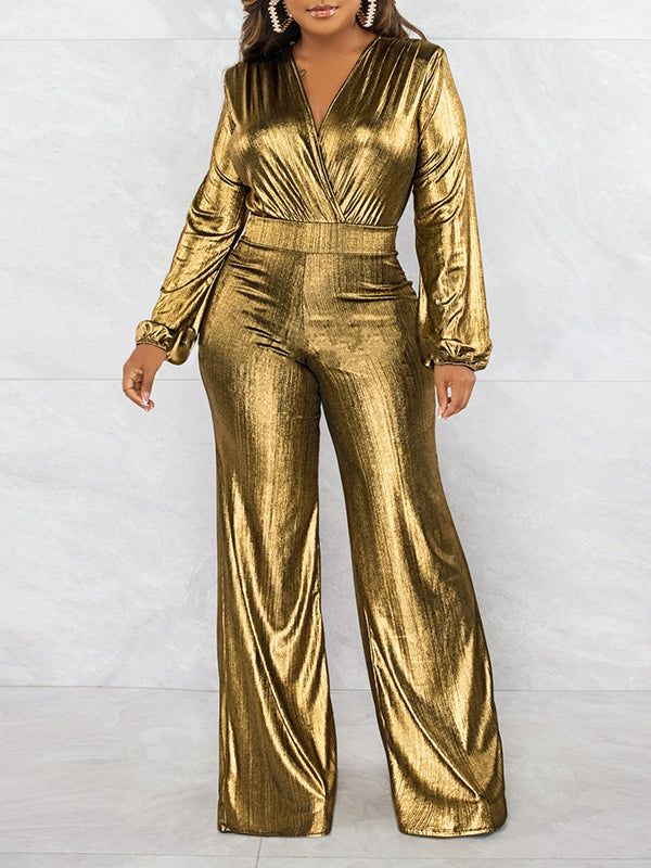 Combinaison moulante brillante taille haute, à taille élastique, à col en V, couleur unie